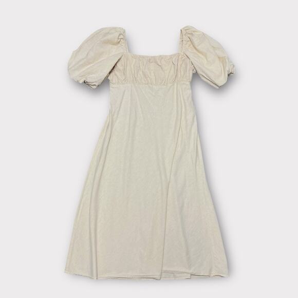 ASOS Square Neck Cotton Hemp Puff Sleeve Midi Dress Beige Size US 22 Plus Size - Picture 1 of 8